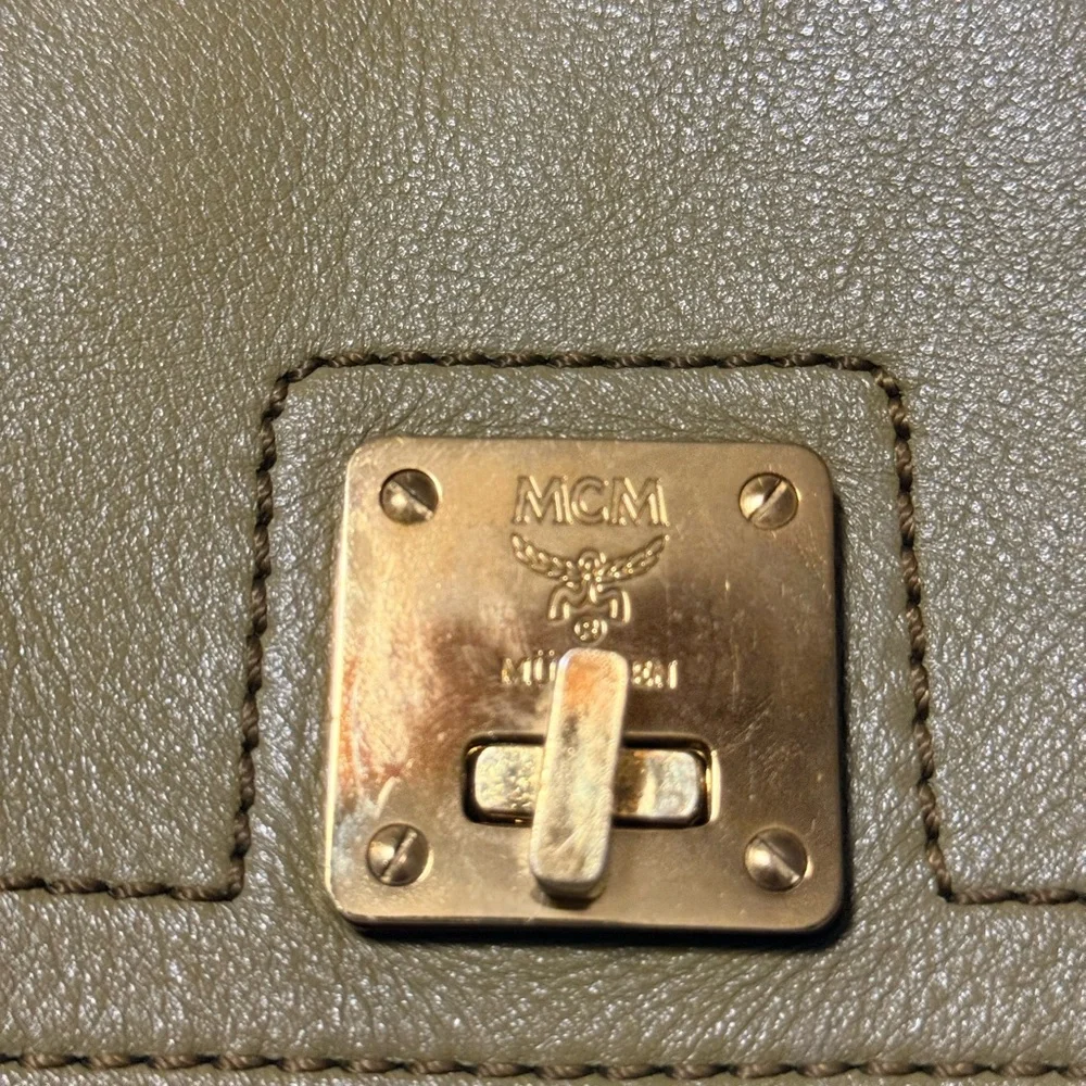 MCM Olive Leather Briefcase with Gold Accents